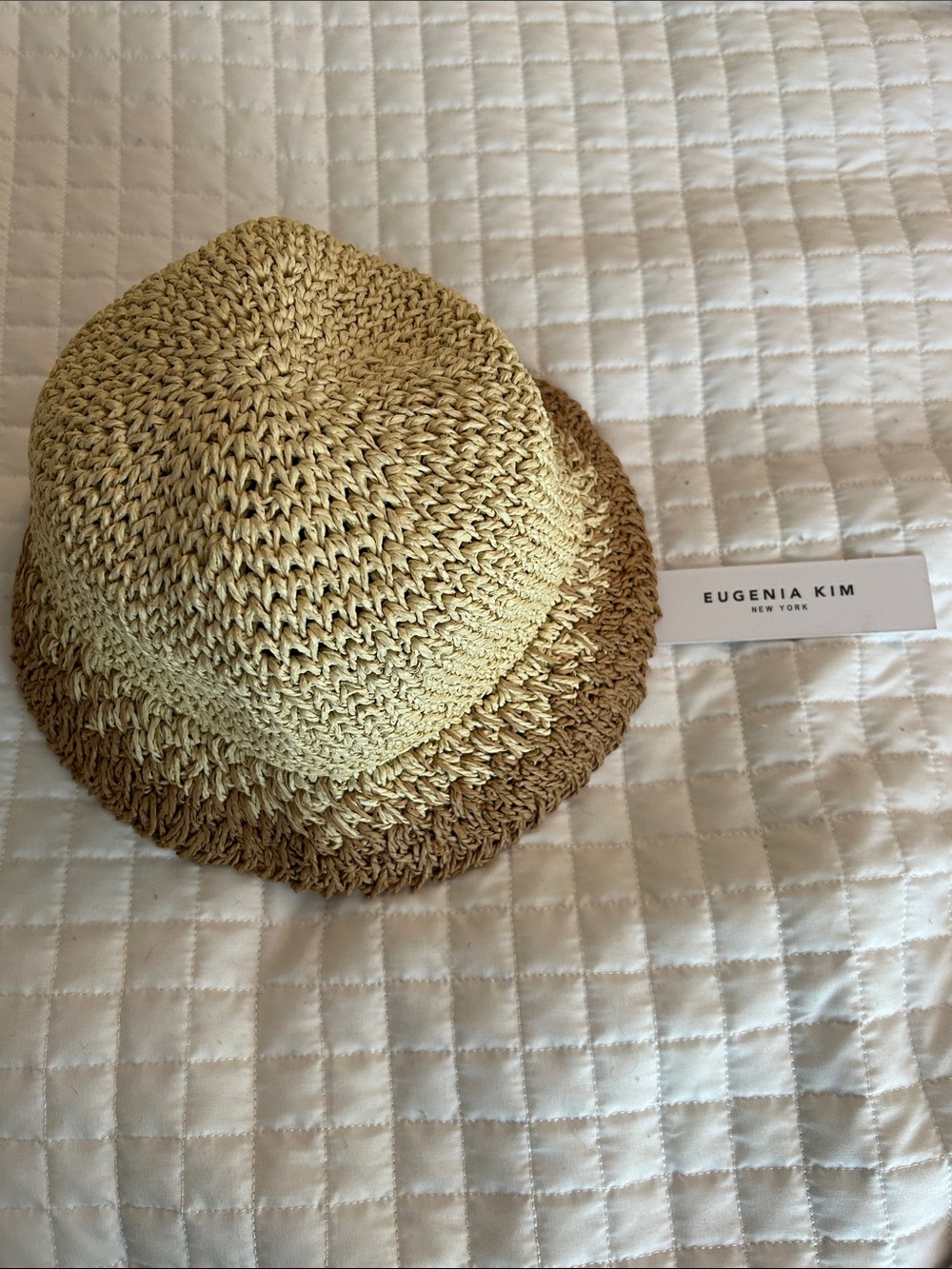 Eugenia Kim Two-Tone Crochet Straw Bucket Hat in Beige and Brown